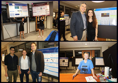 4 photos - two poster presenters - joseph wolenski with student - david breslow and yannick jacob with student - crystal adamchek signing people in 
