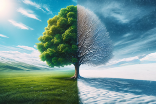 Tree with left side in spring and right side in winter