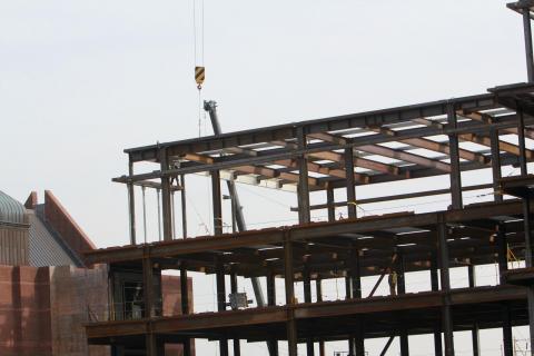 A view of the beam from the ground looking into the building