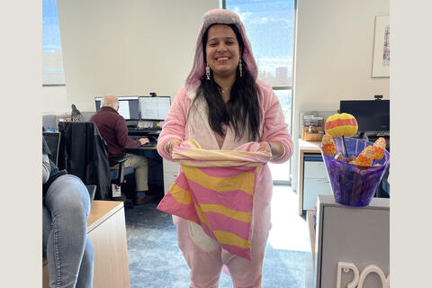 Person dressed in pink bunny costume