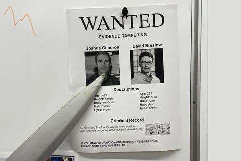 wanted post for joshua gendron and david breslow for tampering with the musser lab mystery clue wall