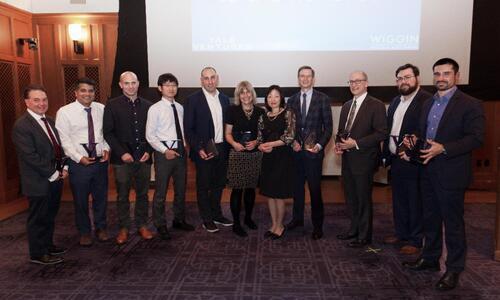 Photo showing MCDB Faculty Awardees (center four):   Farren Isaacs, Anna Pyle, Akiko Iwasaki, and Craig Crews 